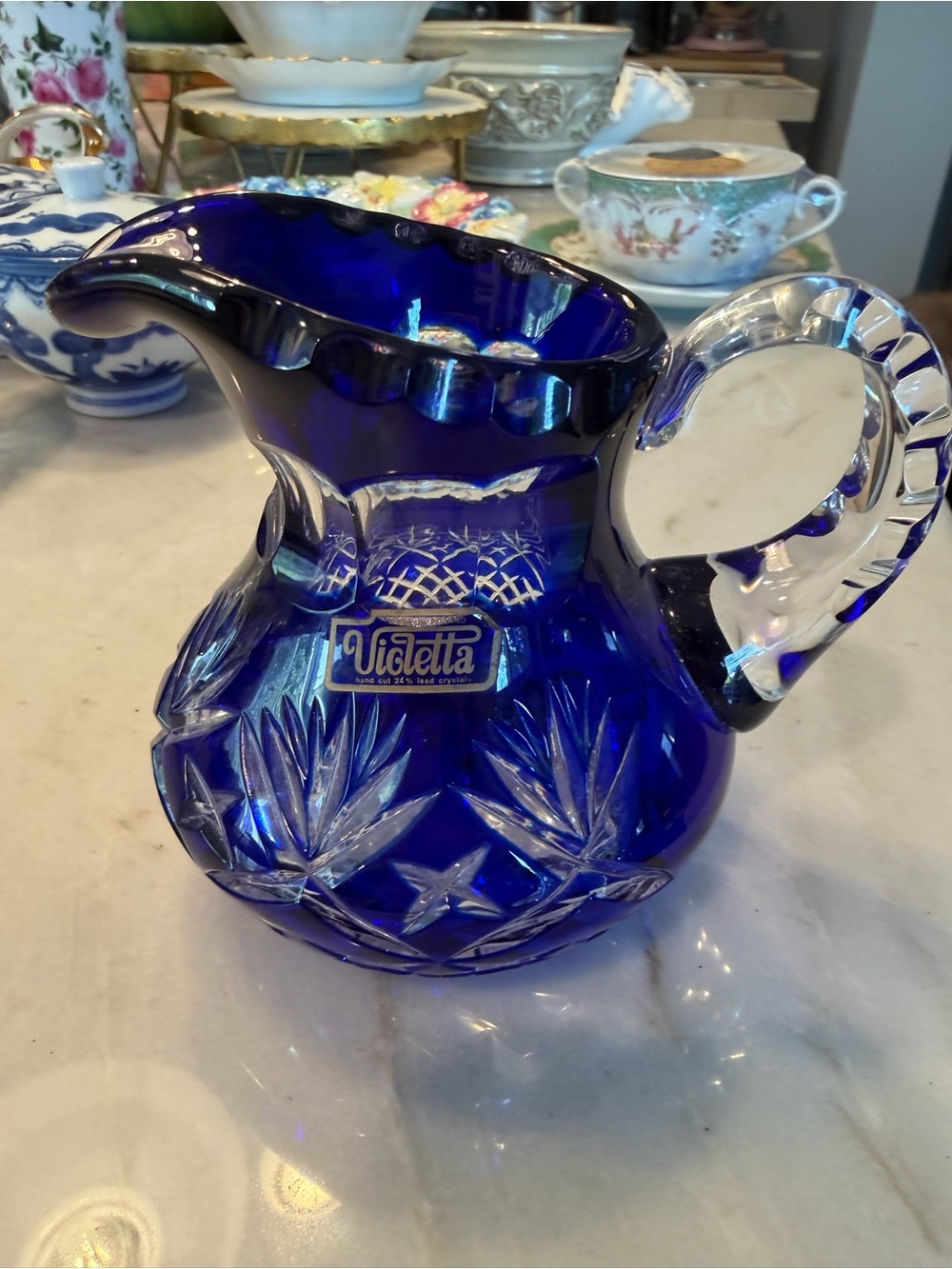 Vintage Cobalt Blue Cut Crystal Pitcher